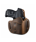 Distressed Brown LockLeather OWB Holster front angle view showing automatic locking retention system