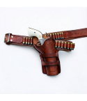 Doc Holliday Western crossdraw gunfighter rig with leather holster and cartridge belt laid flat