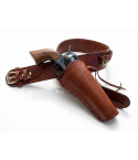 Brown leather fast draw western holster belt with open-top holster and bullet loops shown at an angle