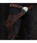 Han Solo Inspired Brown Leather Drop Leg Holster front view worn on body
