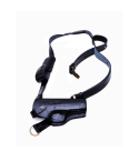 Black leather chest holster rig with adjustable shoulder harness for concealed carry
