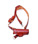 Brown leather chest holster rig with adjustable harness for CZ pistols