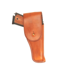 Brown leather flap belt holster with brass stud closure, shown worn on a belt with a 1911-style pistol inserted.