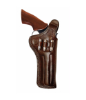 Duty leather holster with bullet loops showing OWB belt carry and reinforced thumb break retention