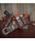 Custom Deputy Marshal Floral Hand-Carved Leather Gun Belt – Open Top OWB Western Holster with Double Carry Magazine Pouch