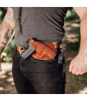 Handcrafted Cross-Draw Brwon Leather Gun Holster - Custom Molded OWB with Steel Reinforced Thumb Break for Perfect Fit & Security