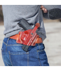 Handcrafted High-Ride OWB Leather Gun Holster - Custom Molded Brown Leather Holster for Perfect Fit and Security with Reinforced Steel Thumb Break