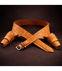 Western leather double holster gun belt with open top OWB holsters and metal buckle