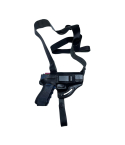 Black leather shoulder holster with adjustable harness straps, displayed flat to show full carry system layout