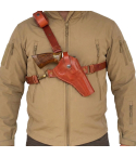 Brown leather chest holster worn front view
