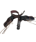 Black leather double holster belt set shown from angled front view with buckle and tie straps