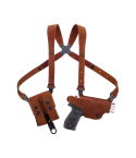 Leather Horizontal Shoulder Rig With Dual Magazine Holder – full system front view – tan leather harness and holster