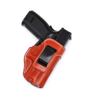 Brown Leather IWB Concealment Holster With Metal Clip angled front view showing reinforced stitching and open top design