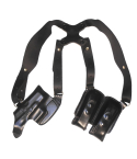 Black leather shoulder holster rig for S&W 5904 and 5906 pistols with double magazine carrier