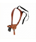 Brown leather single shoulder holster with adjustable strap, elastic support strap, and vertical holster on a white background