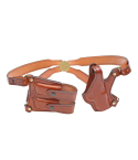 Light Brown Leather Horizontal Shoulder Holster Rig full set showing holster, double magazine carrier, and harness