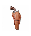 Lined gunfighter leather holster holding a revolver, featuring a traditional Western-style design with reinforced stitching