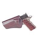 Mahogany Leather Cross Draw Vehicle Holster side view showing forward angled seated draw position