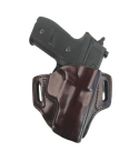 Mahogany Leather OWB Belt Holster With Offset Seam front view showing molded leather body and open top