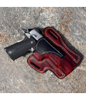 Mahogany leather OWB full-size holster handcrafted from vegetable tanned cowhide with reinforced stitching