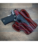 Mahogany leather OWB holster with thumb break retention handcrafted from vegetable tanned cowhide