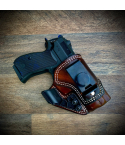 Medium brown AIWB leather holster with concealment claw and belt clip for appendix carry
