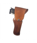Military duty leather holster with protective flap showing front OWB carry configuration