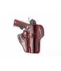 Leather concealed carry pancake holster in brown hand molded leather with outside the waistband design, reinforced opening, and forward cant, shown holding a semi automatic pistol.