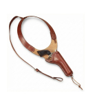 Brown leather shoulder holster for Model P or Thunderer-style revolver with adjustable strap, shown on a white background.