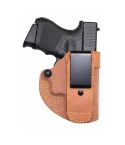 Natural Leather Appendix Tuckable IWB Holster – clip side view showing steel reverse J clip and reinforced opening