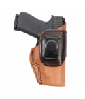 Natural Leather IWB Holster With Steel Clip front view showing spring steel clip and molded leather body