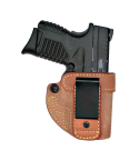 Natural Leather Tuckable IWB Holster With Combat Grip – front view showing reverse J clip, tension screw, and higher ride profile