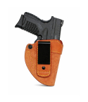 Natural Leather Tuckable IWB Holster With Forward Cant – clip side view showing reverse J steel clip, rough side out leather, and retention screw