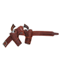 Tooled brown leather double holster revolver belt rig with matching belt and buckle on white background