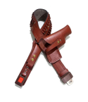 Classic leather belt holster shown with belt and retention strap in angled view