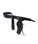 Leather double holster gun belt rig with open-top OWB holsters shown at an angle