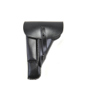 Front view of OWB military flap black leather holster showing full flap closure and structured leather body