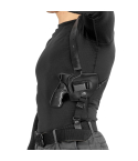 Leather shoulder holster for revolver worn under arm showing horizontal carry position