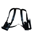 Black leather vertical shoulder holster system with adjustable harness and double magazine pouches