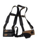 Black leather Walther PPK/S shoulder holster set laid flat with pistol holster, magazine pouch, and adjustable strap system