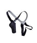 Black leather vertical shoulder holster with adjustable harness for S&W 686 revolver