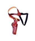 Brown leather vertical shoulder holster with adjustable harness for S&W 686 revolver
