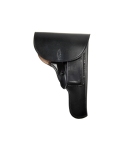 Spanish service pattern leather holster front view showing full flap and structured profile