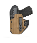 Appendix strong-side optic-ready holster with tan leather backer showing front view and belt clip