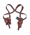 Brown Leather Vertical Roto Shoulder Holster – Double Mag Pouch (Steel Thumb Break)