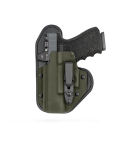 Hybrid appendix strong-side IWB holster for Staccato CS with olive Kydex shell and leather backer, left-hand view