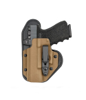 Appendix strong-side optic-ready holster with tan leather backer showing front view and belt clip