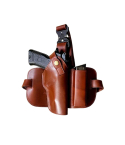 Tactical brown leather thigh holster with open-top firearm pocket and spare magazine pouch
