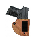 Tan Leather IWB Holster With Steel Clip front view showing rough side out finish and adjustable retention screw