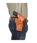 Tan leather OWB hip holster worn on belt for strong-side carry
